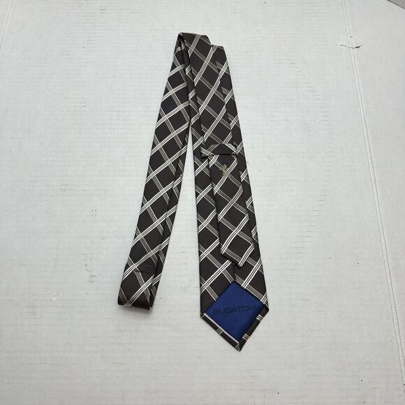 Bugatchi Men's Tie, 100% Silk Italy - Brown Grey Silver Geometric Stripe - Picture 4 of 9